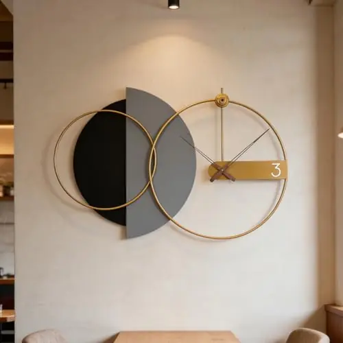 AMAATE Modern Wall Clock with Black and Gold Design, Large Round Metal Clock, Contemporary Minimalist Decor for Living Room, Office (Black, Gray, and Gold, 27.5" X 43.3" in)