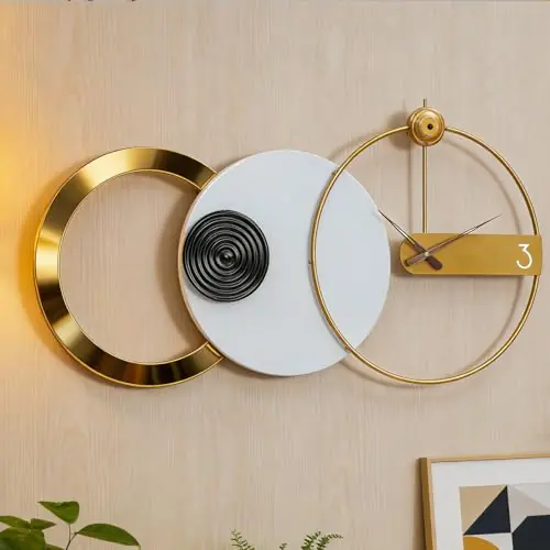 AMAATE Modern Luxury Geometric Wall Clock, Large 3D Gold Metal Ring Abstract Art, Silent Non-Ticking, for Living Room Bedroom Office Decor, 17.7"x33.26"