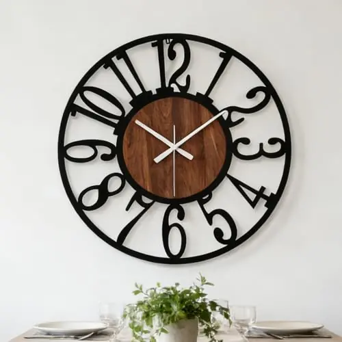 AMAATE 24 Inch Industrial Modern Vintage Wood Wall Clock with Iron Frame & Artful Cutout Numerals, Silent Non Ticking Battery Operated, Decorative for Farmhouse Living Room Home Décor Products