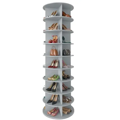 SpaceAid 9 Tier Rotating Shoe Rack Tower, Spinning Shoe Display Lazy Susan, Revolving 360 Shoe Rack Storage Round Carousel, Vertical Handbag Rotate Shoes Closet Organization (9-Tier Gray)