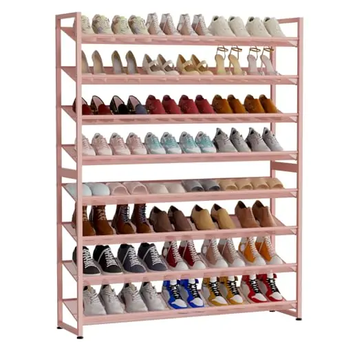 NEYCIL Large Shoe Rack 8 Tier Shoe Organizer, Heavy Duty Metal 4-Tier Stackable Shoe Storage Vertical Shoe Rack for Closet Front Door Entrance, Up to 50 Pairs, 44.8" W x 11.4" D x 56.7" H, Pink
