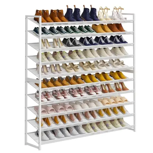NEYCIL Large Shoe Rack 10 Tier Shoe Organizer, Heavy Duty Metal 5-Tier Stackable Shoe Storage Vertical Shoe Rack for Closet Front Door Entrance, Up to 62 Pairs, 44.8" W x 11.4" D x 71.2" H, White