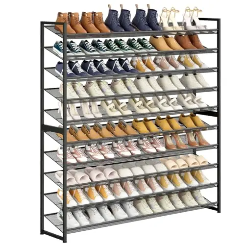 NEYCIL Large Shoe Rack 10 Tier Shoe Organizer, Heavy Duty Metal 5-Tier Stackable Shoe Storage Vertical Shoe Rack for Closet Front Door Entrance, Up to 62 Pairs, 44.8" W x 11.4" D x 71.2" H, Black