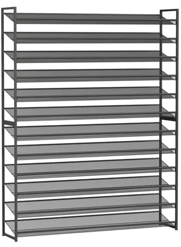 NEYCIL Large Shoe Rack 12 Tier Shoe Organizer, Heavy Duty Metal 6-Tier Stackable Shoe Storage Vertical Shoe Rack for Closet Front Door Entrance, Up to 75 Pairs, 44.8" W x 11.4" D x 85.1" H, Black