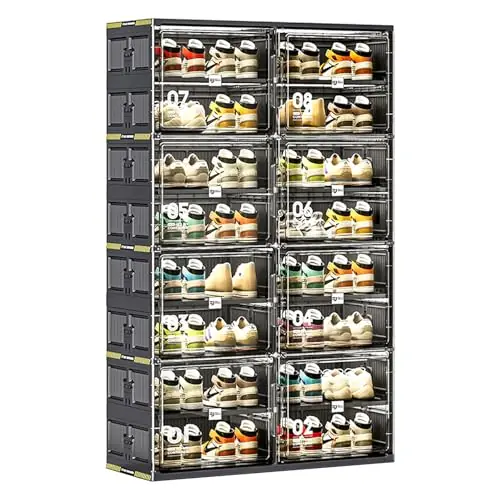 wesimple 32 Pairs Portable Shoe Storage Cabinent of 3-Step Fast Installation,Plastic Shoe Box with Magnetic Clear Door for Entryway, Enclosed Shoe Rack for Sneaker, Heels etc.. (2Row, 8Tier)