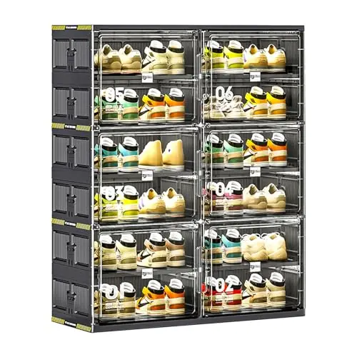wesimple 24 Pairs Portable Shoe Storage Cabinent of 3-Step Fast Installation,Plastic Shoe Box with Magnetic Clear Door for Entryway, Enclosed Shoe Rack for Sneaker, Heels etc.. (2Row, 6Tier)
