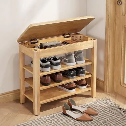 IUNVR Shoe Rack Bench Seat Rubberwood 3-Tier Wooden Storage Bench 550lbs Compact Mid-Century Modern Design for Entryway, Hallway, Closet, Front Door Entrance, Foyer