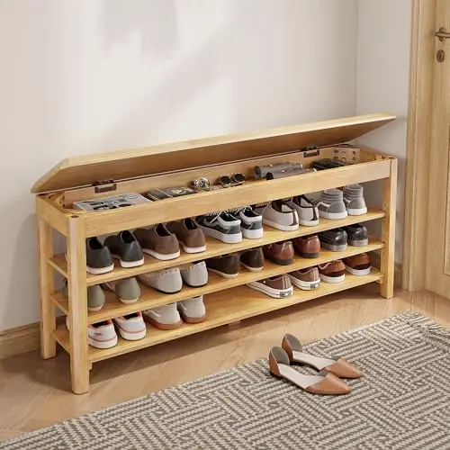 IUNVR Shoe Rack Bench Seat Rubberwood 3-Tier Wooden Storage Bench 550lbs Compact Mid-Century Modern Design for Entryway, Hallway, Closet, Front Door Entrance, Foyer