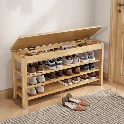 IUNVR Shoe Rack Bench Seat Rubberwood 3-Tier Wooden Storage Bench 550lbs Compact Mid-Century Modern Design for Entryway, Hallway, Closet, Front Door Entrance, Foyer