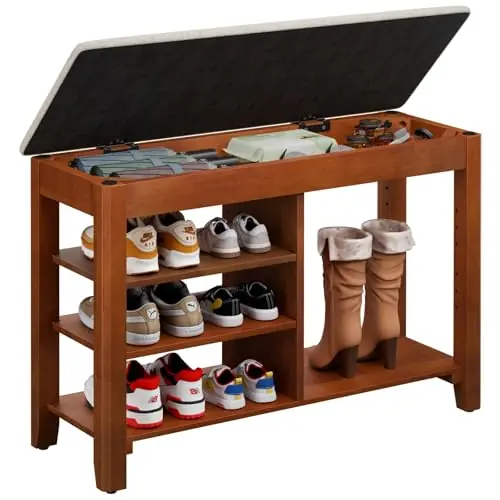 FAGAGA Shoe Rack Bench, Solid Wood Entryway Bench with Cushion and Flip-Top Storage, Adjustable Shelf, Shoe Organizer Bench for Front Door Entrance, Hallway, Living Room, Mudroom (Beige, 31.5" L)