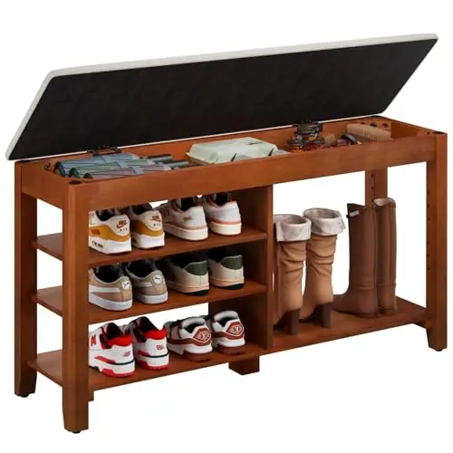 FAGAGA Shoe Rack Bench with Flip-Top Storage, Solid Wood Entryway Bench with Cushion, Adjustable Shelf, Shoe Organizer for Front Door Entrance, Hallway, Living Room, Mudroom (Beige, 39.4" L)