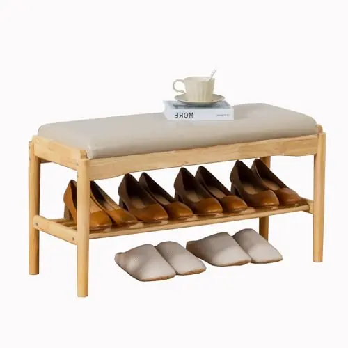 latifolia Small Shoe Bench, Solid Wood Bench with Cushion, 2 Tier Shoe Storage Organizer for Entryway(Nature,31.50‘‘L)