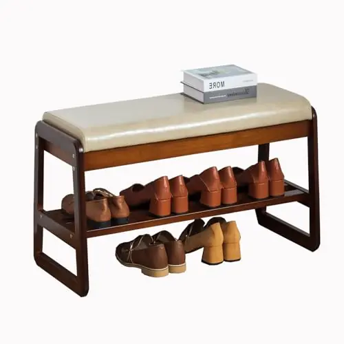 latifolia Solid Wood Bench, Entryway Shoe Bench with Cushion, 2 Tier Shoe Storage Organizer for Hallway, Living Room(Grey,31.50‘‘L)