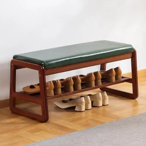 latifolia Solid Wood Bench, Entryway Shoe Bench with Cushion, 2 Tier Shoe Storage Organizer for Hallway, Living Room(Green,31.50‘‘L)