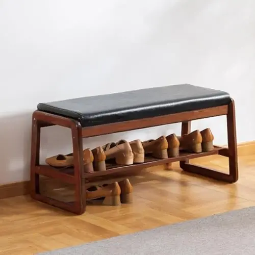 latifolia Solid Wood Bench, Entryway Shoe Bench with Cushion, 2 Tier Shoe Storage Organizer for Hallway, Living Room(Black,31.50‘‘L)