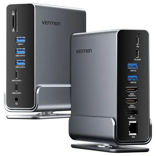 VENTION 15-in-1 Laptop Docking Station Dual Monitor, 360° Roatable Triple Monitor Docking Station with 2 * 4K HDMI and 1*DP, PD 100W Charging for Laptop