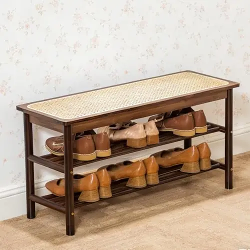 latifolia Shoe Rack Bench, 3-Tier Bamboo Shoe Bench with Breathable Rattan Seat Cushion, Shoe Storage Rack for Entryway(Walnut,31.50‘‘L)