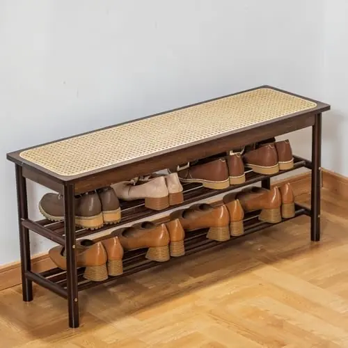 latifolia Shoe Rack Bench, 3-Tier Bamboo Shoe Bench with Breathable Rattan Seat Cushion, Shoe Storage Rack for Entryway(Walnut,39.70‘‘L)
