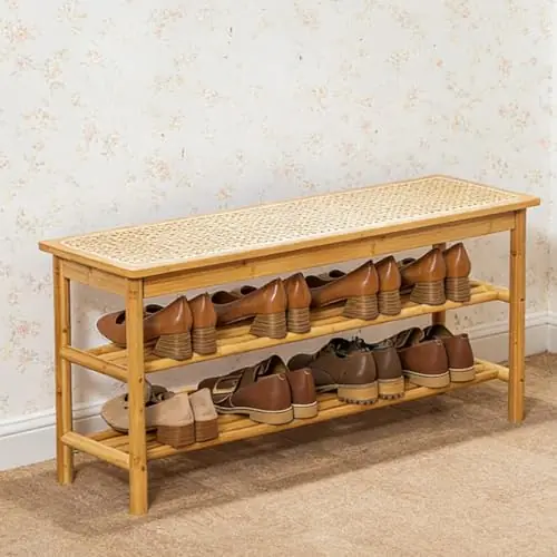 latifolia Shoe Rack Bench, 3-Tier Bamboo Shoe Bench with Breathable Rattan Seat Cushion, Shoe Storage Rack for Entryway(Nautre,39.70‘‘L)