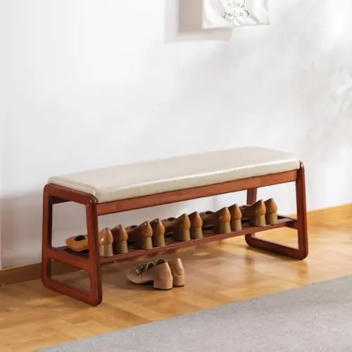 latifolia Solid Wood Bench, Entryway Shoe Bench with Cushion, 2 Tier Shoe Storage Organizer for Hallway, Living Room(Grey,39.70‘‘L)