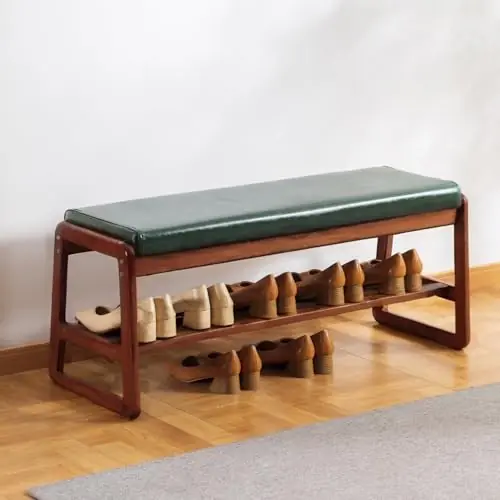 latifolia Solid Wood Bench, Entryway Shoe Bench with Cushion, 2 Tier Shoe Storage Organizer for Hallway, Living Room(Green,39.70‘‘L)