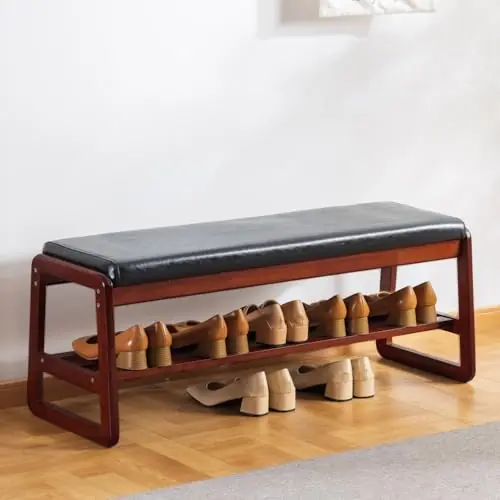 latifolia Solid Wood Bench, Entryway Shoe Bench with Cushion, 2 Tier Shoe Storage Organizer for Hallway, Living Room(Black,39.70‘‘L)