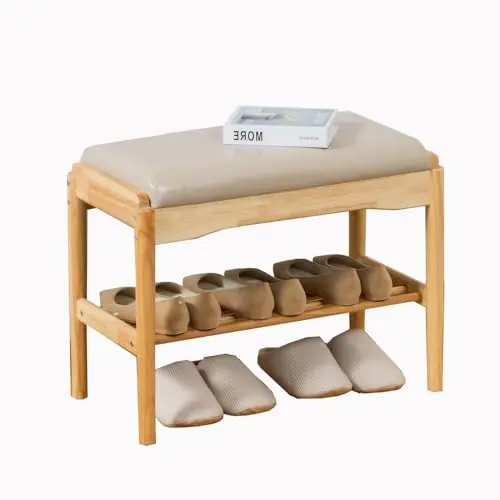 latifolia Small Shoe Bench, Solid Wood Bench with Cushion, 2 Tier Shoe Storage Organizer for Entryway(Nature,23.62‘‘L)