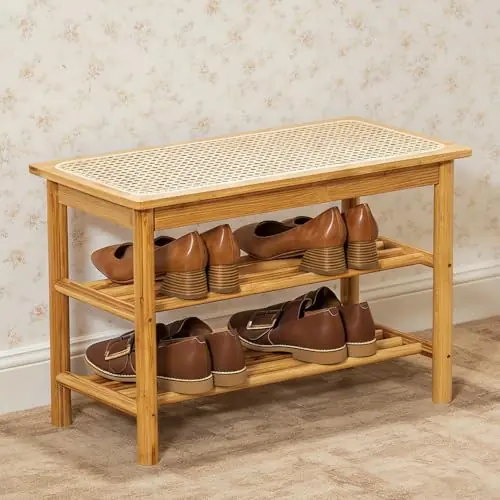 latifolia Shoe Rack Bench, 3-Tier Bamboo Shoe Bench with Breathable Rattan Seat Cushion, Shoe Storage Rack for Entryway(Nature,23.62‘‘L)