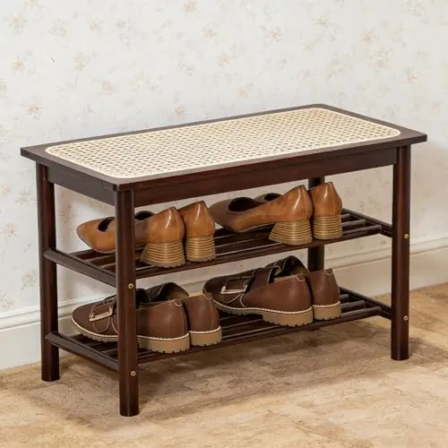latifolia Shoe Rack Bench, 3-Tier Bamboo Shoe Bench with Breathable Rattan Seat Cushion, Shoe Storage Rack for Entryway(Walnut,23.62‘‘L)