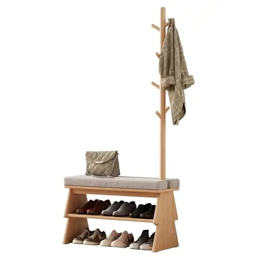YQJJGL Coat Rack with Shoe Storage,Shoe Rack whit 8 Hook for Offices、Bedroom、Living Room,Small Shoe Bench, Natural