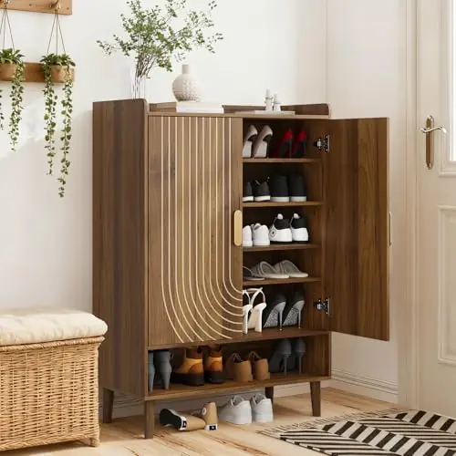 Smuxee Walnut Shoe Cabinet with Line Groove Design, 6-Tier Shoe Storage Cabinet with Adjustable Shelves, Freestanding Shoe Organizer Cabinet for Entryway, Hallway, Closet, Living Room