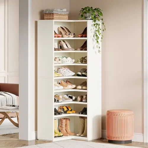 Tribesigns Corner Shoe Rack for 40-45 Pairs, 9-Tier Corner Shelf for Closet Storage, Large Wooden Shoe Organizer with Back Panel, Tall Shoe Storage for Entryway, Hallway, Living Room (White, 1PC)