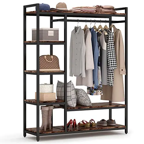 LITTLE TREE Free Standing Wood Closet Clothes Rack,Heavy Duty Grament Rack with Shelves,Hanging Racks for Clothes Clothing Rack for Bedrom,Wardrobe Closet Organizer,350 lb Capacity,Rustic