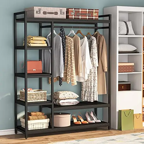 LITTLE TREE Free Standing Wood Closet Clothes Rack,Heavy Duty Grament Rack with Shelves,Hanging Racks for Clothes Clothing Rack for Bedrom,Wardrobe Closet Organizer,350 lb Capacity,Black