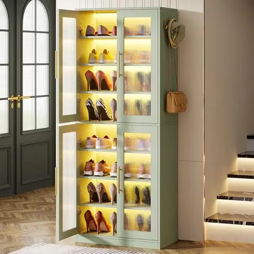 Tribesigns Tall Shoe Storage Cabinet with Acrylic Doors and LED Lights, 8-Tier Entryway Shoe Organizer Rack with Adjustable Shelves and Hanging Hooks for Narrow Closet, Hallway, Mint Green