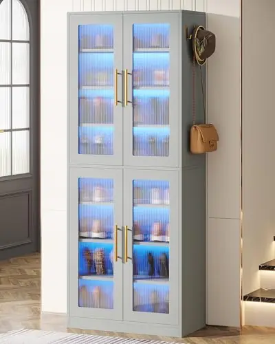 Tribesigns Tall Shoe Cabinet with Acrylic Doors and LED Lights, 8-Tier Entryway Shoe Organizer Storage Rack with Adjustable Shelves and Hanging Hooks for Narrow Closet, Hallway, Living Room, Gray