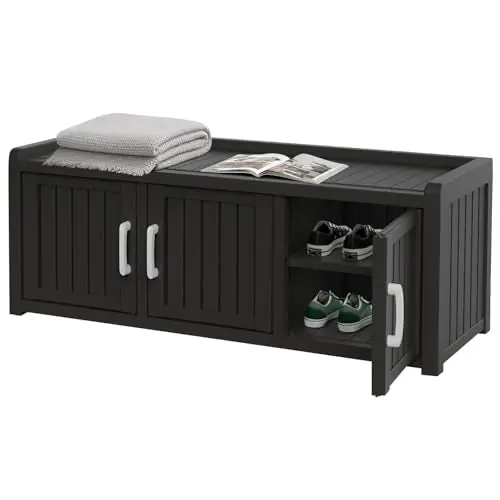 EasyUp Shoe Bench Entryway, Waterproof Resin Shoe Cabinet,Outdoor Shoes Storage Bench, 2-Tier Hallway Shoes Rack with Adjustable Shelves for Entryway, Living Room, Bedroom(Black,3 Door)