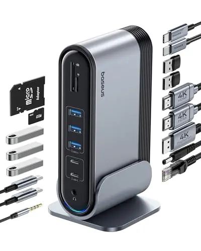 Baseus 17-in-1 Laptop Docking Station 3 Monitors with 4K HDMI+DP, USB C Docking Station with 7 USB, 1000Mbps Ethernet
