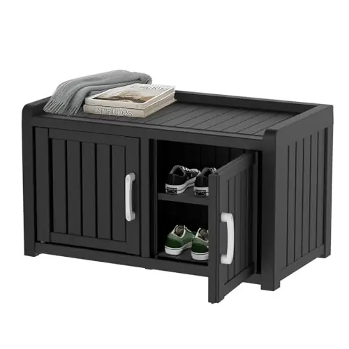 EasyUp Shoe Bench Waterproof,Resin Shoe Cabinet,Outdoor Storage,Industrial Hallway Bench with Adjustable Shelves for Entryway,Living Room,Bedroom(Black,Double Door)