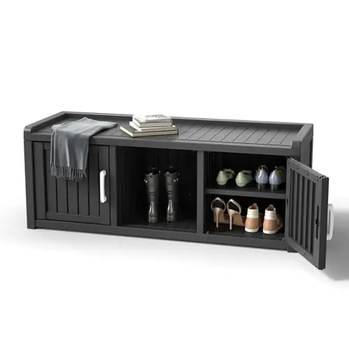 EasyUp Shoe Bench Waterproof,Resin Shoe Cabinet,Outdoor Storage,Industrial Hallway Bench with Adjustable Shelves for Entryway,Living Room,Bedroom(Deep Black,Two-Door)