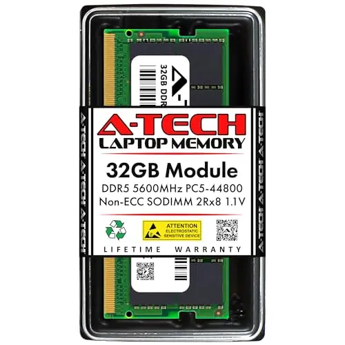 A-Tech 32GB DDR5 5600MHz PC5-44800 CL46 SODIMM 2Rx8 Dual Rank 1.1V Non-ECC Unbuffered SO-DIMM 262-Pin Laptop