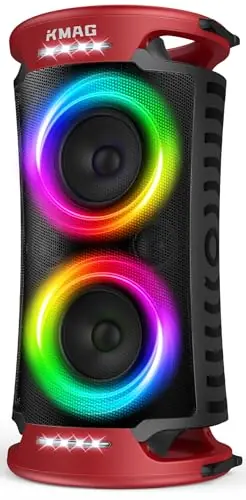 KMAG Large Party Bluetooth Speaker, 260W Peak Powerful Loud Sound with Deep Bass, 15Hr Playtime, Fast Charge, RGB Cool Light Show, TWS, Portable for Outdoor Beach, Camping, Backyard, Work, Home (Red)
