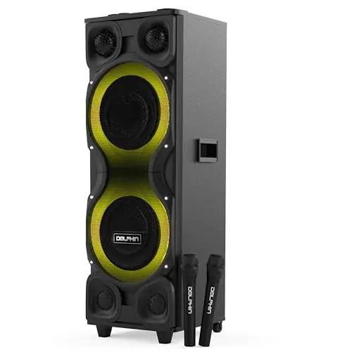 Dolphin High-Power Big Party Speaker – X-BASS, Strobe & LED Infinity Lights, Bluetooth, Wood Cabinet MDF, 2 UHF Wireless Mics, 120W, Long-Lasting Battery for DJ & Karaoke