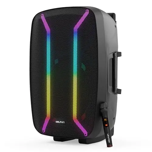 Dolphin Elite 2115R High-Powered 15" Portable Bluetooth Party Speaker – Rechargeable with Multicolor LED Lights, XLR & AUX Inputs, Long-Lasting Battery, and Monster Bass