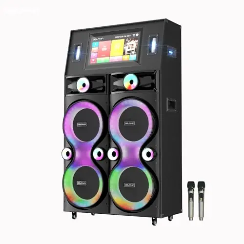 Dolphin Karaoke Machine with Screen – Karaokebox 4120 Quad 12" Big Karaoke Machine, 18.5" Touchscreen Lyrics Display, WiFi, Bluetooth Speakers, 2 UHF Wireless Mics, Powerful Sound System & Deep Bass