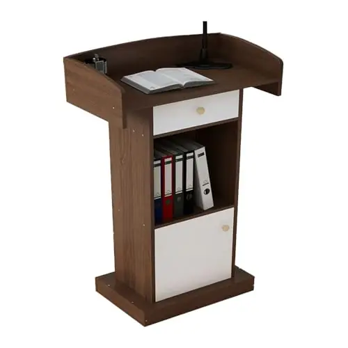 Curved Metal Lectern Podium Stand with Drawer - Floor Standing Wooden Podium for Conference