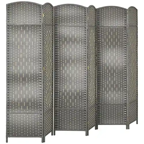 Room Divider, 6 Ft 6 Panel Folding Privacy Screen, Hand-Woven PP Wall Partition with Pine Wood Frame
