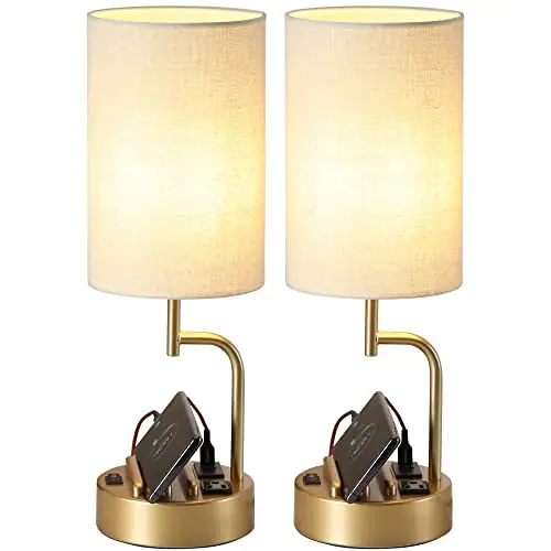 Dreamholder Table Lamp with 3 USB Charging Ports, Modern Desk Lamp with AC Outlet and Phone Stands, Perfect Bedside Lamp for Bedroom, Living Room, Office (Pack of 2), Gold