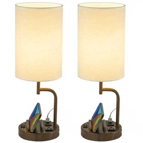 Dreamholder Table Lamp with 3 USB Charging Ports, Modern Desk Lamp with AC Outlet and Phone Stands, Perfect Bedside Lamp for Bedroom, Living Room, Office (Pack of 2), Walnut