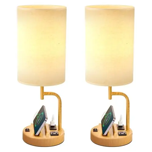 Dreamholder Table Lamp with 3 USB Charging Ports, Modern Desk Lamp with AC Outlet and Phone Stands, Perfect Bedside Lamp for Bedroom, Living Room, Office (Pack of 2)